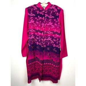 Diane Gilman Pink Silk Floral Blouse Tunic Top Sequin Detail Size Large NWT